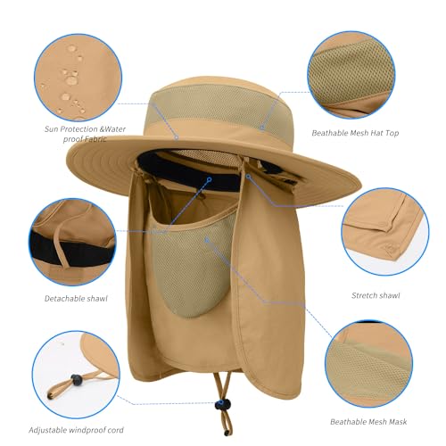 Outdoor Sun Hat UPF 50 Protection Waterproof Fishing hat Face Cover Summer Neck Flap Hat - color: Khaki Pro