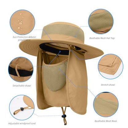 Outdoor Sun Hat UPF 50 Protection Waterproof Fishing hat Face Cover Summer Neck Flap Hat - color: Khaki Pro