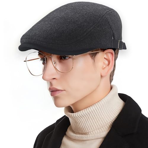 Mens Herringbone Tweed Newsboy Cap Flat Ivy Gatsby Hat Adjustable Cabbie Cap for Women - color: Black