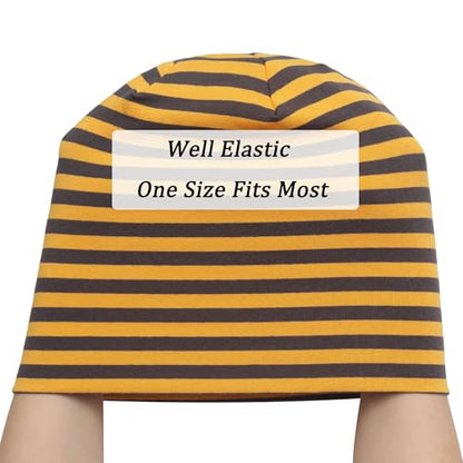 ZLYC Cotton Thin Slouchy Beanie Hat for Men Women Stretch Skull Cap - color: Striped Brown and Yellow, size: One Size