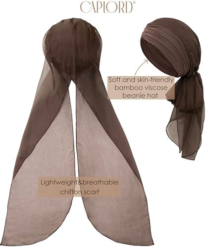 CAPLORD Chemo Headwrap for Women Turban Headwear for Cancer Patients Skull Cap Hair Loss Cover Lightweight Head Covering Hat - color: Brown Solid