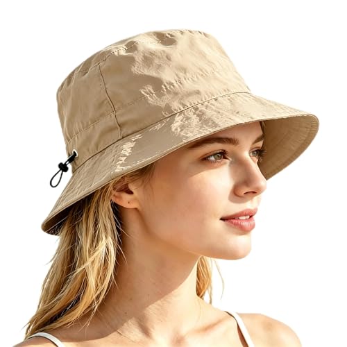 Unisex Bucket Hat Water Repellent Wide Brim Foldable Sun Hat Beach - color: Khaki, size: Medium