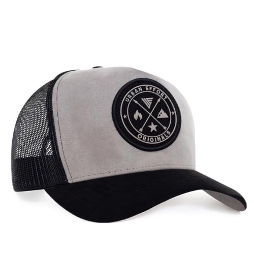 Urban Effort Trucker Hat for Men & Women, Mesh Back Baseball Cap, 5 Panel - color: Grey + Black Patch, style: Mesh Back