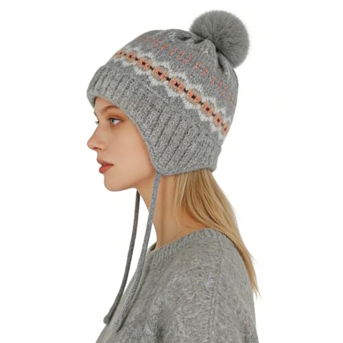 TINAYAUE Women Winter Beanie Hat Retro Jacquard Knit Warm Fleece Lined Ski Snow Cap Slouchy Earflap Pompom Hat with Strings - color: Grey