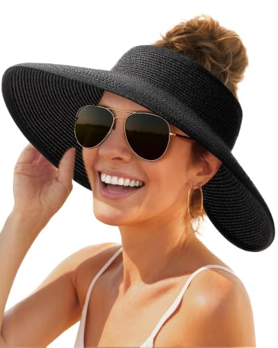 FURTALK Womens Sun Hat with Ponytail Hole Wide Brim Beach Straw Visor - color: Black