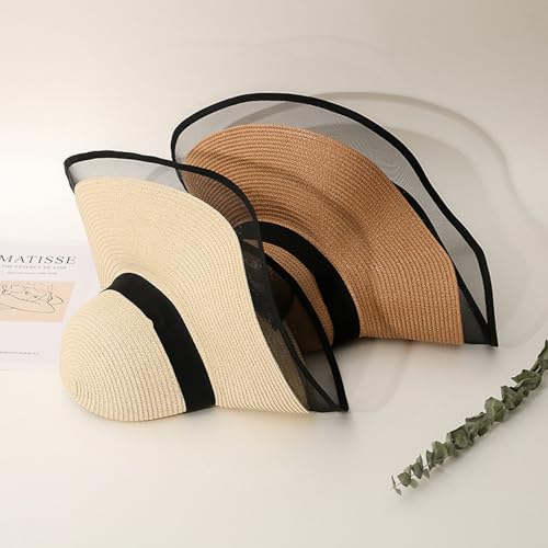 Womens Mens Wide Brim Straw Panama Hat Beach Sun Hat Summer Wide Brim Straw Roll up Hat Fisherman's UPF 50 - color: +Beige