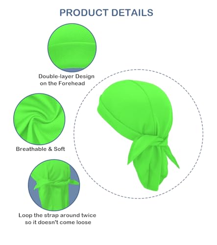 Sweat Wicking Do Rags Skull Caps, Cooling Hip Hop Hat, Beanie Durag Motorcycle Head Wrap Doo Rag Liner for Men Women - color: Neon Green