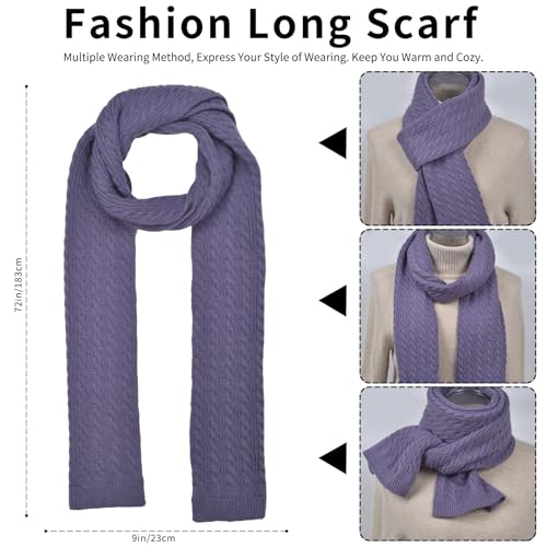 Winter Hat Scarf Gloves Set for Women, Classic Cable Beanie with Removable Pom Pom Long Scarf Touchscreen Gloves 3 in 1 Set - color: Purple