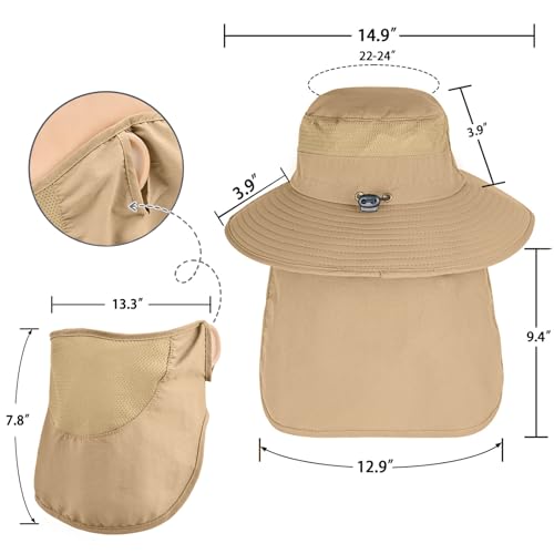 ZOORON Sun Hats for Men Women with Neck Flap Fishing UPF 50+ UV Protection - color: Khaki (With Face Cover)