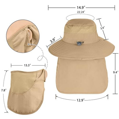 ZOORON Sun Hats for Men Women with Neck Flap Fishing UPF 50+ UV Protection - color: Khaki (With Face Cover)