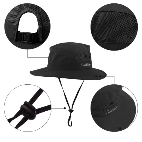 Womens Sun-Hat Outdoor Protection Foldable Beach-Bucket-Hat Ponytail-Hole - color: Black