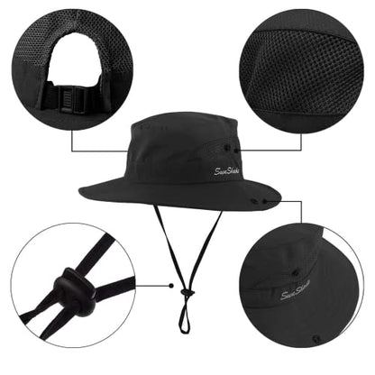 Womens Sun-Hat Outdoor Protection Foldable Beach-Bucket-Hat Ponytail-Hole - color: Black