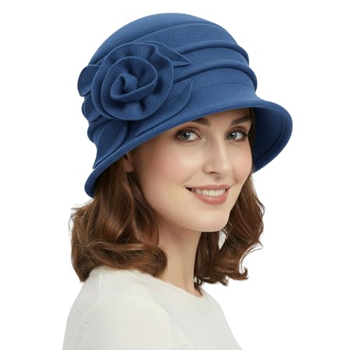 Women Cloche Bucket Hat 1920s Vintage Dress Winter Hats - color: Flower Blue