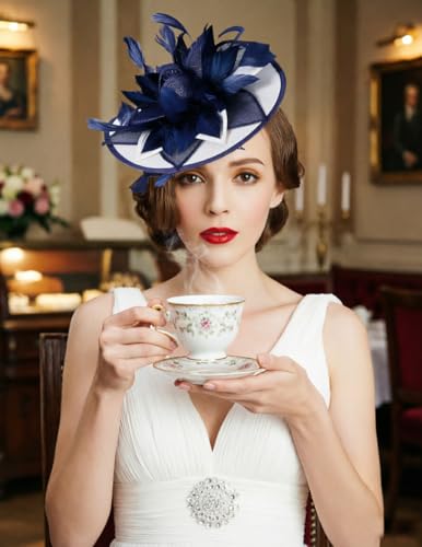 ORIDOOR Women Fascinators Derby Church Tea Party Wedding Flower Feathers Headpiece with Headband Clips - color: 02-navy Blue White