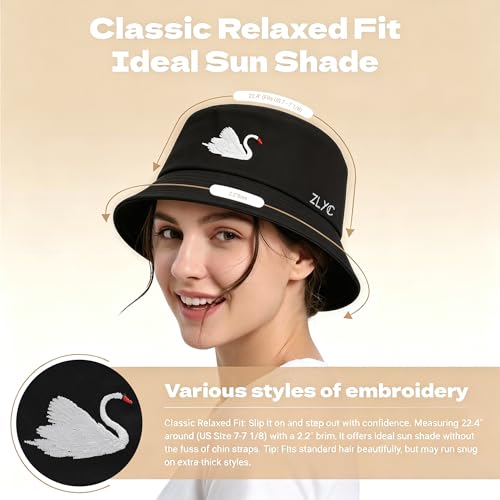 ZLYC Cotton Bucket Hat for Women Men Embroidered Packable Summer Sun Cap - color: Swan Black