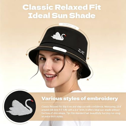 ZLYC Cotton Bucket Hat for Women Men Embroidered Packable Summer Sun Cap - color: Swan Black