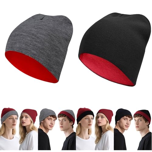 ZOORON Reversible Skull Caps for Men Women Reversible Beanie with -Double Side Warm Winter Fisherman Beanie - color: A-1pack-grey/Winered+black/Winered