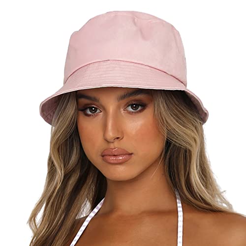 Bucket Hat for Women Men, Reversible Cotton Summer Sun Beach Cap Solid Color Style - color: A-pink