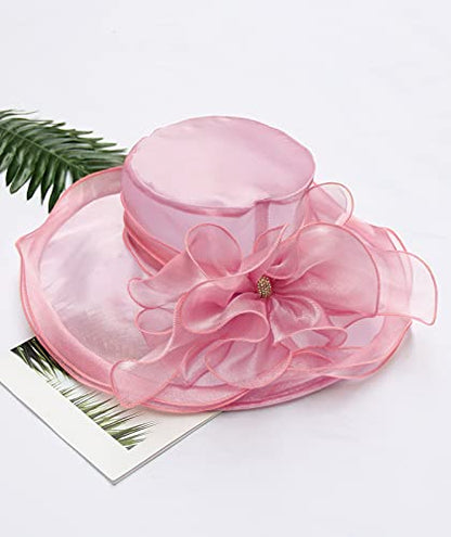 Women Derby Fascinator Hat Organza Church Wedding Hats Wide Brim Cocktail Tea Party Hat - color: 14 Pink