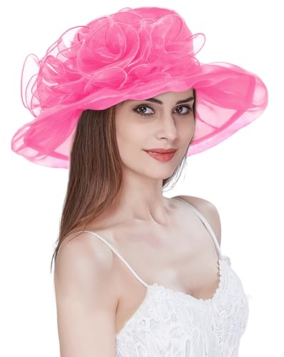 Women Derby Fascinator Hat Organza Church Wedding Hats Wide Brim Cocktail Tea Party Hat - color: 32 Rose Red