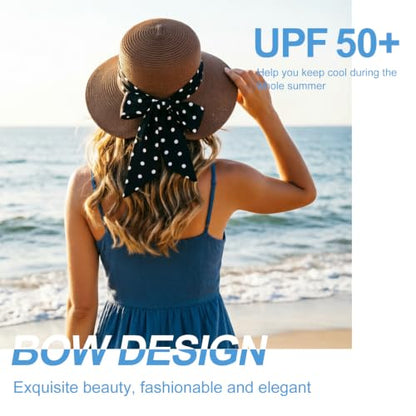 DRESHOW Sun Hats for Women Travel Fedora Foldable Beach Sun Hat Summer Wide Brim Straw Bucket Hat with Bowknot UPF 50+ - color: 1 Pack Bowknot Straw Hat: Coffee (Black Polka Dot Band)