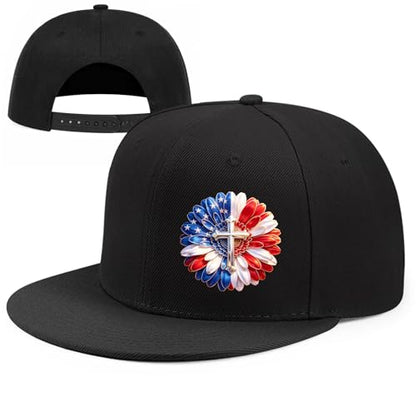 Pineapple Hat Flat Bill Baseball Hats for Men Fashion Black Baseball Cap for Women Adjustable Flat Brim Trucker Hat - color: Flag Daisy
