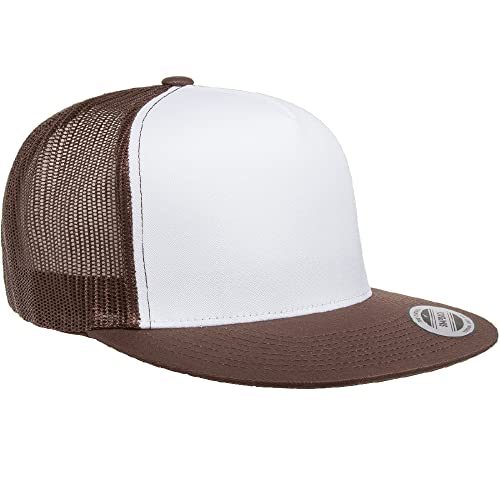 Yupoong 5-Panel YP Classic Trucker Cap | High Profile Flat Visor Snapback - color: Brown/White/Brown