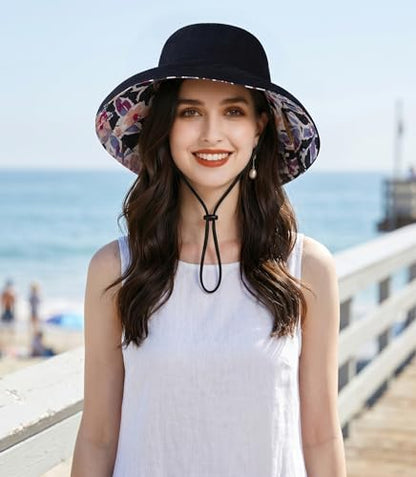 Womens Foldable Shapeable Brim Sun Hat UPF 50+ Cotton Wide Brim Beach Adjustable Chin Strap Hat Sun Protection Cap - color: Z5-black