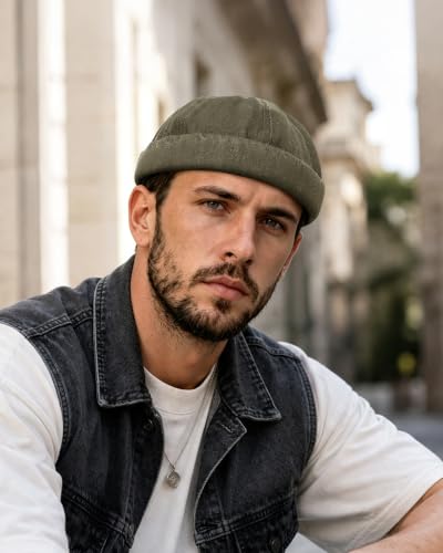 Clakllie Cotton Docker Hat Brimless Hats for Men Retro Sailor Skullcap - color: Fma2503-greenishbrown