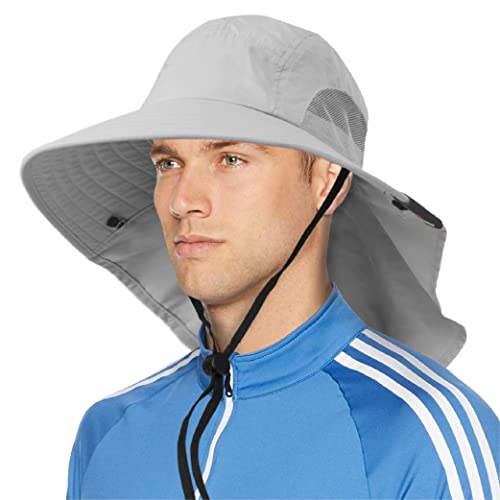 SUN CUBE Wide Brim Sun Hat with Neck Flap for Men Women, UPF50+ Fishing - color: Light Grey