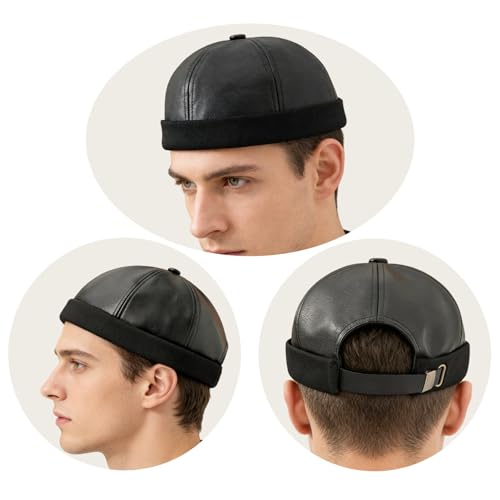 Unisex Faux Leather Docker Cap Brimless Leon Hat Skull Cap Beanie for Men Women - color: Black