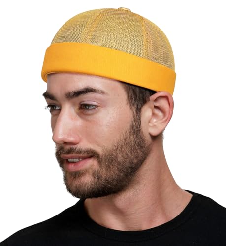 DIYDECAL Mens Mesh Brimless Cap,Summer Skullcap Docker Beanie Hat - color: Gold