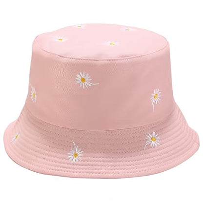 Reversible Bucket Hats for Women Men Flower Cotton Summer Travel Beach Sun Hats Packable Bucket Hats - color: Pink B