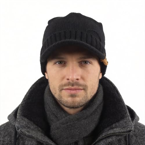 Winter Beanie with Visor - Stylish Knit Hat with Bill - Thick Brimmed Beanies with Fleece Lining Men and Women - color: B327-black