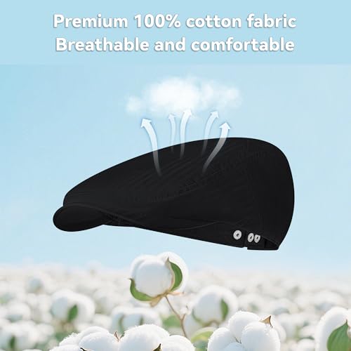 Men's Newsboy Flat Cap 100% Cotton Gatsby Ivy Golf Cabbie Hunting Summer Hat - color: Black, size: Large