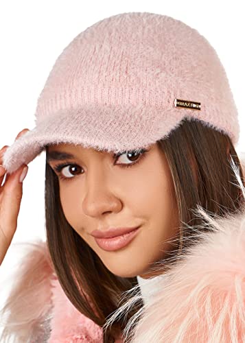 Beanie Visor - Womens Winter Wool Knit Hat with Brim - Billed Knit Cap Newsboy Hats - color: Light Pink