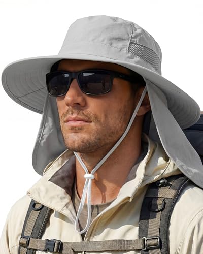Sun Hats for Men Wide Brim Bucket Hat with Neck Flap for Fishing & Hiking Mens Sun Hat for UV Protection - color: Light Grey