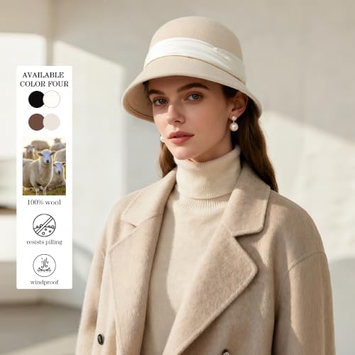 Women Cloche Felt Hat Winter Wool Bucket Hat Vintage Fedora Bowler Hat - color: 3-white