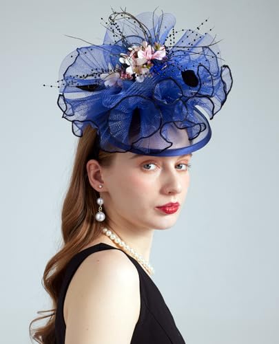 Women Organza Derby Hat Fascinator Tea Party Wedding Church Derby Hat Fascinator Hats Dual-use - color: 02d Navy Blue