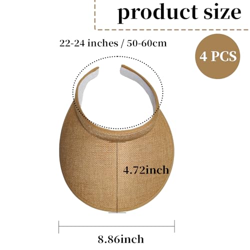 Women's Sun Visor Hats, 4 Pack Wide Brim UV Protection Empty Top Linen Visors Clip-on Headband Style Beach Hats for Women - color: Light Brown+white+black+light Yellow