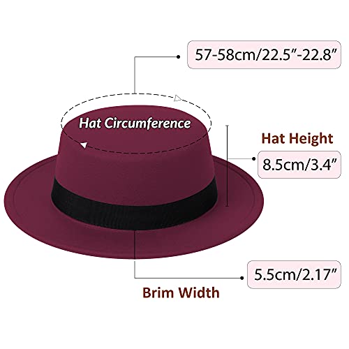 Classic Fedora Hat Flat Top Hat Felt Pork Pie Hat Wide Brim Church Derby Cap for Women and Men - color: Wine Red