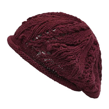 ZLYC Women Cotton Slouchy Crochet Beret Handmade Cutout Floral Beanie Hat - color: Knit Burgundy