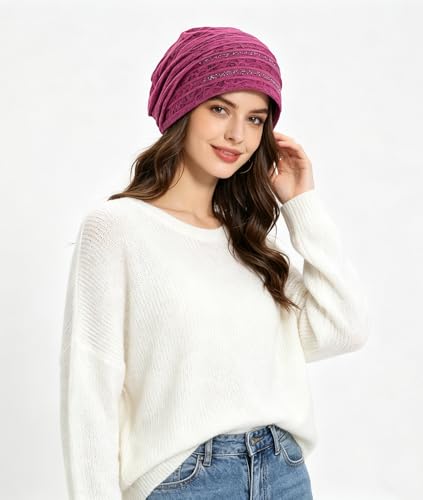 Crochet Slouchy Beanie Hat Turbans Headware for Women - color: Bea16 - Pink