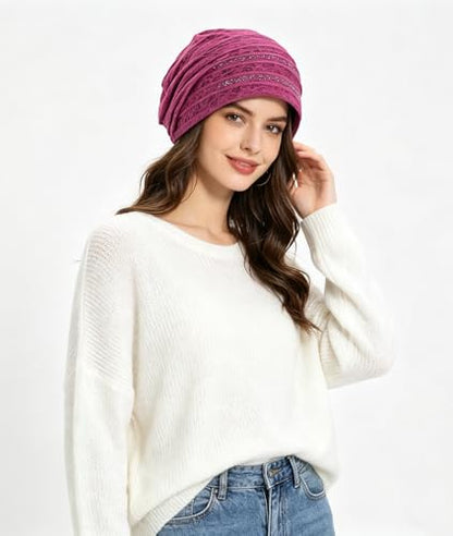Crochet Slouchy Beanie Hat Turbans Headware for Women - color: Bea16 - Pink