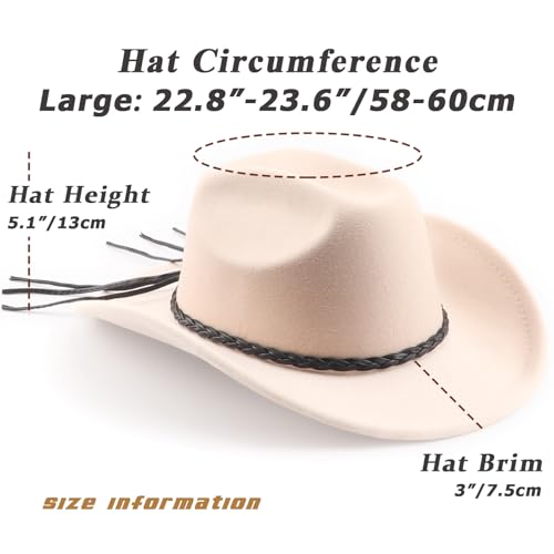 DRESHOW Western Cowboy Hat for Men Women Cowboy Cowgirl Hat Outdoor Wide Brim Retro Felt Fedora Hats Unisex Rolled up Caps - color: 1 Pack Style 8: Beige