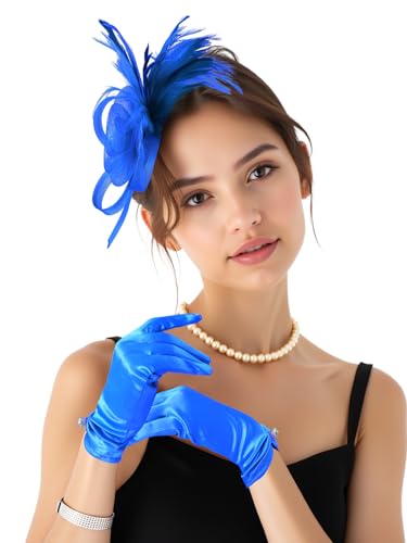 2Pcs 50s Fascinators Hats for Women Wedding Cocktail Flower Mesh Ribbons Feathers Church Tea Party Hats and Lace Glove - color: Blue