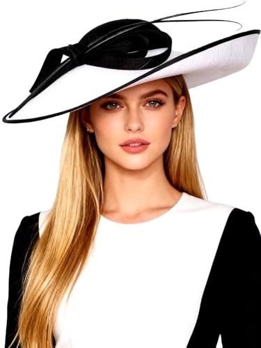 Big Wide Brim Fascinator Hats for Women Ladies Kentucky Tea Party Dress Flat Top Fedoras Hat with Bow Feather - color: Black With White