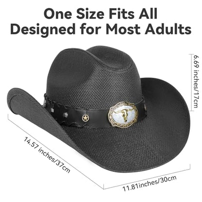 WQWOVRVO Cowboy Hat,Cowgirl hat,Brown Cowboy Hats for Women/Mens Straw Wide with Shapeable Brim Western Cowboy Hat for Womens - color: Black Color B