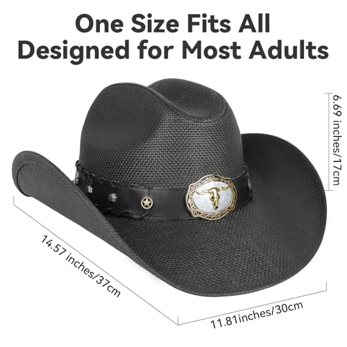 WQWOVRVO Cowboy Hat,Cowgirl hat,Brown Cowboy Hats for Women/Mens Straw Wide with Shapeable Brim Western Cowboy Hat for Womens - color: Black Color B