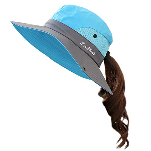 Muryobao Women's Ponytail Sun Hat UV Protection Foldable Mesh Wide Brim Beach Fishing Hat - color: Sky Blue